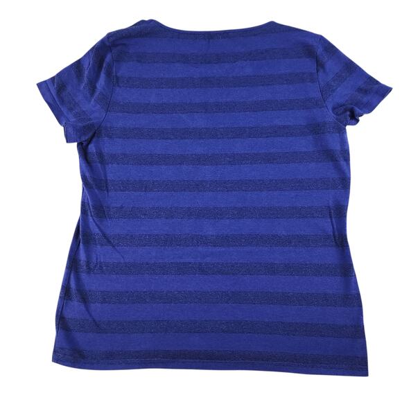Blue Striped Shirt Womens PM Medium Petite Horizontal Sparkly Shimmer Cap Sleeve - Picture 3 of 12